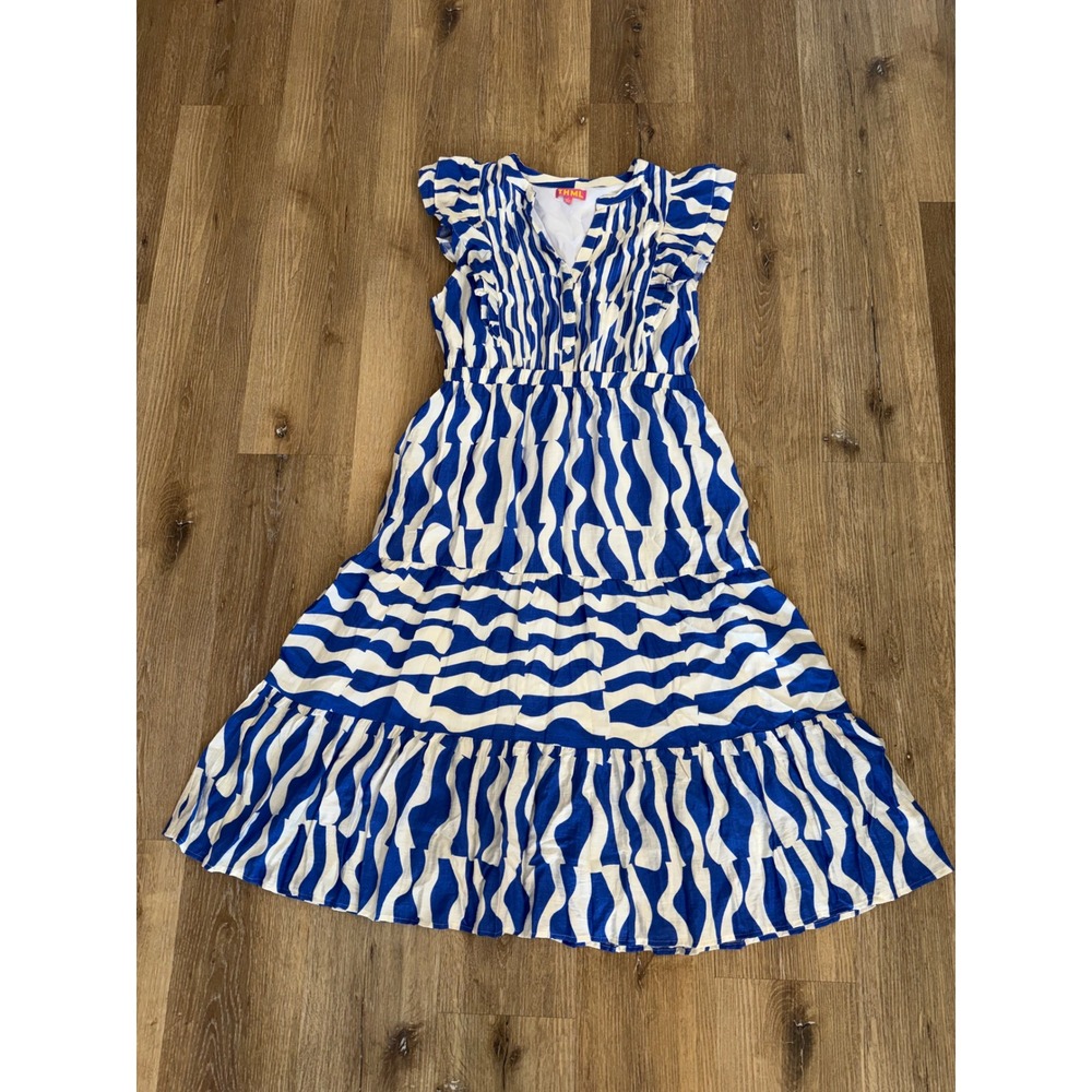 THML Coastal Boho Tiered Midi Dress Women Large Blue White Abstract Wave Print